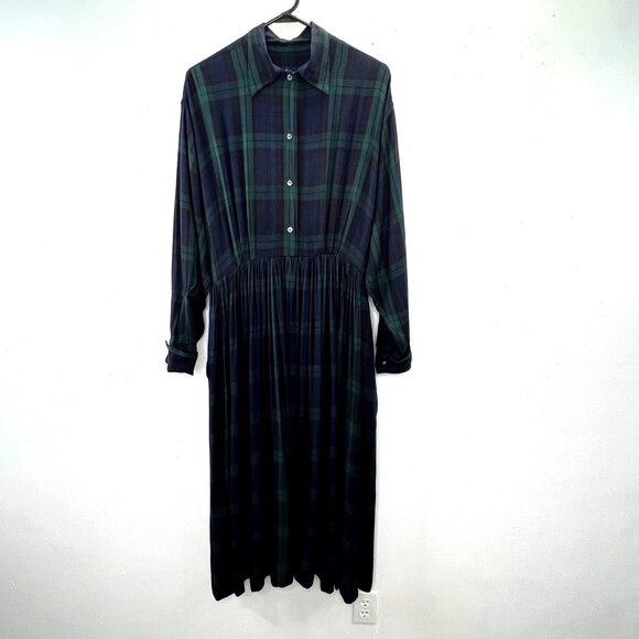 Vintage Ralph Lauren Shirt Dress 14 Tartan Plaid Blue Green Maxi Button FLAWS - Picture 1 of 10